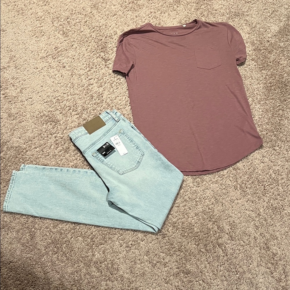 Express Skinny Jeans in Light Blue with Mauve Tee